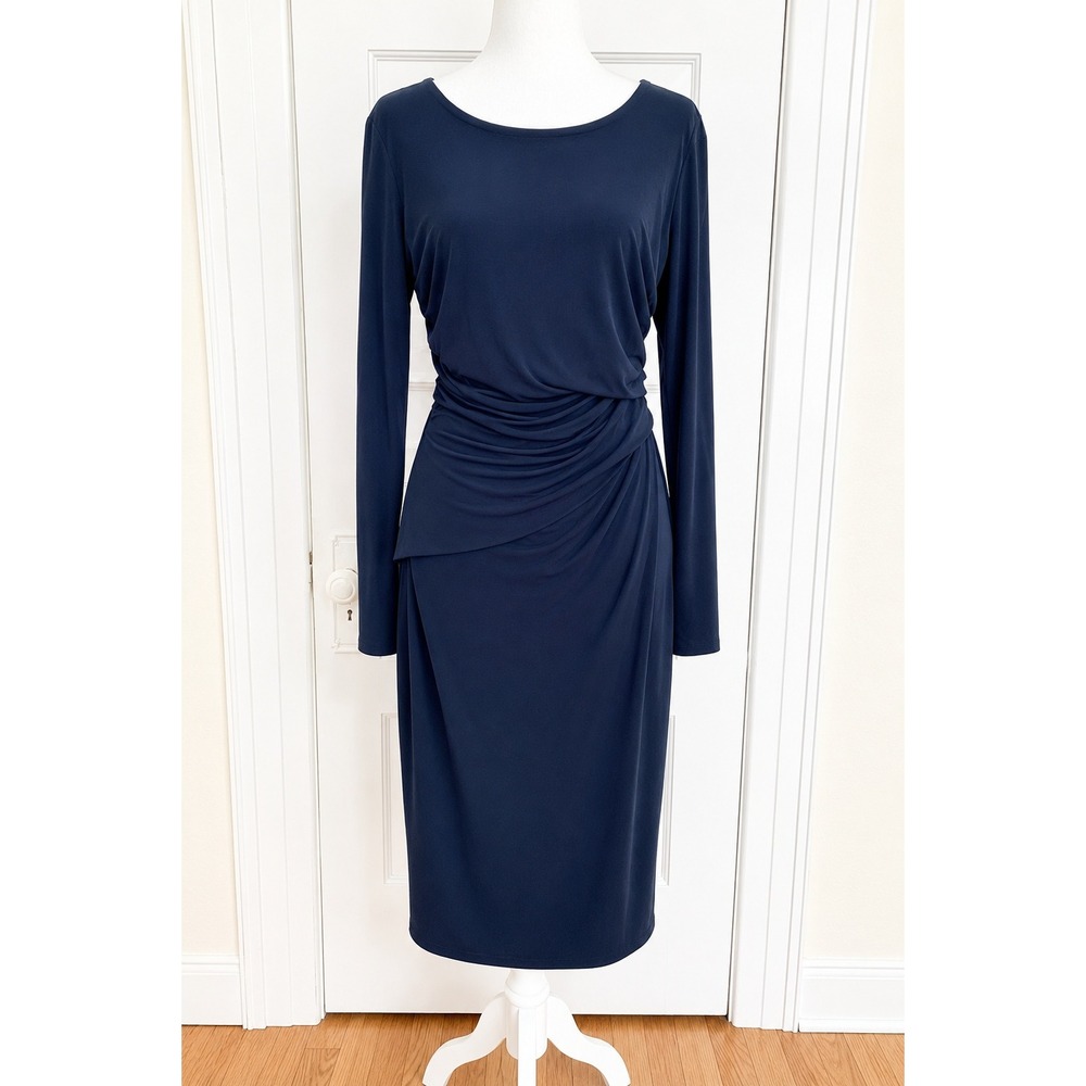 Velvet By Graham Spencer M Ruched Bodycon Jersey Dress Navy Blue Long‎ Sleeve